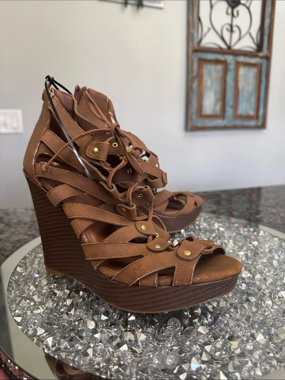 Dollhouse Brown Lace-Up Strappy Wedge Sandals NWOT 9